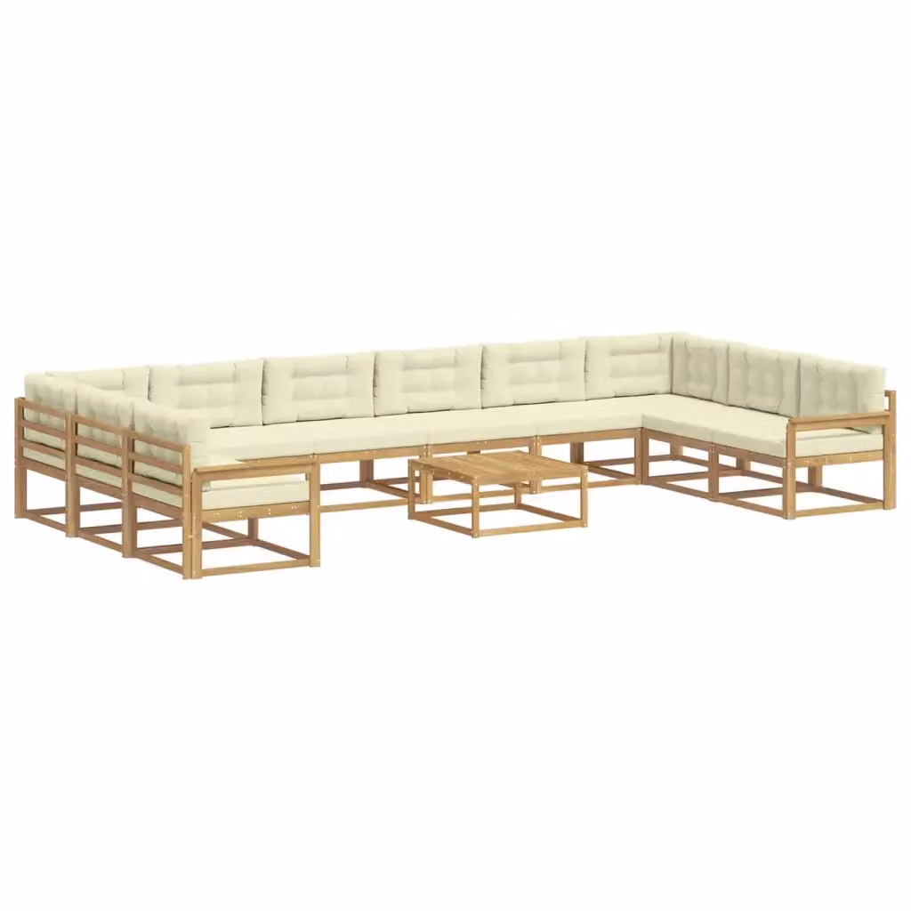 Set di divani da esterno vidaXL a forma di L in legno di acacia con tavolo da caffè, 11 pezzi, Bianco e Beige – 2
