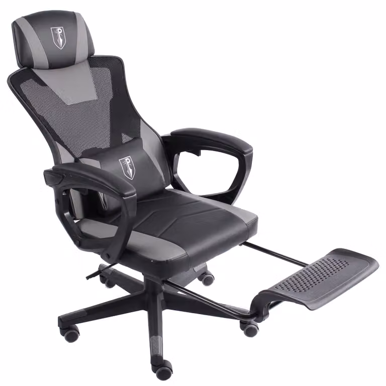Sedia da gaming dal design moderno in stile racing con poggiapiedi ribaltabile - Sedia da gaming con braccioli regolabili - Sedia da scrivania ergonomica da gaming con cuscino di sostegno aggiuntivo, Colore: Nero/Grigio