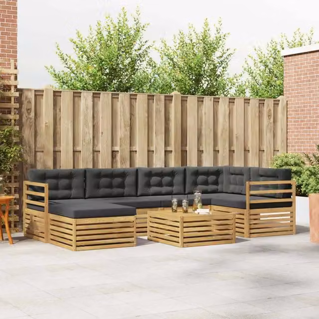 Set di divani da esterno vidaXL a forma di L composto da 7 pezzi in legno di acacia con cuscini inclusi, colore bianco e antracite – 1