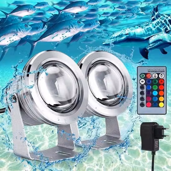 Set di 2 faretti LED subacquei RGB con telecomando in acciaio inox argento per decorazione laghetto e giardino