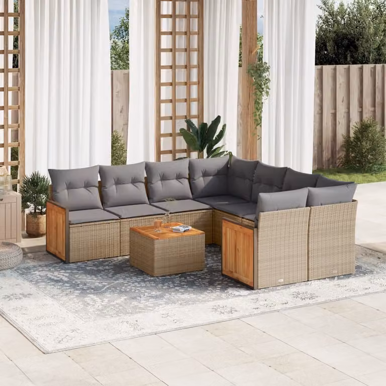 vidaXL Set Divano da Giardino a L 9 pz in Polyrattan con Cuscini Beige e Tavolino da Esterno