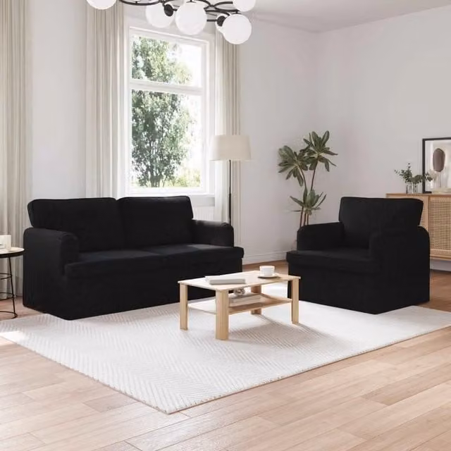 Set di 2 divani moderni vidaXL in tessuto nero con struttura in metallo e coperture rimovibili