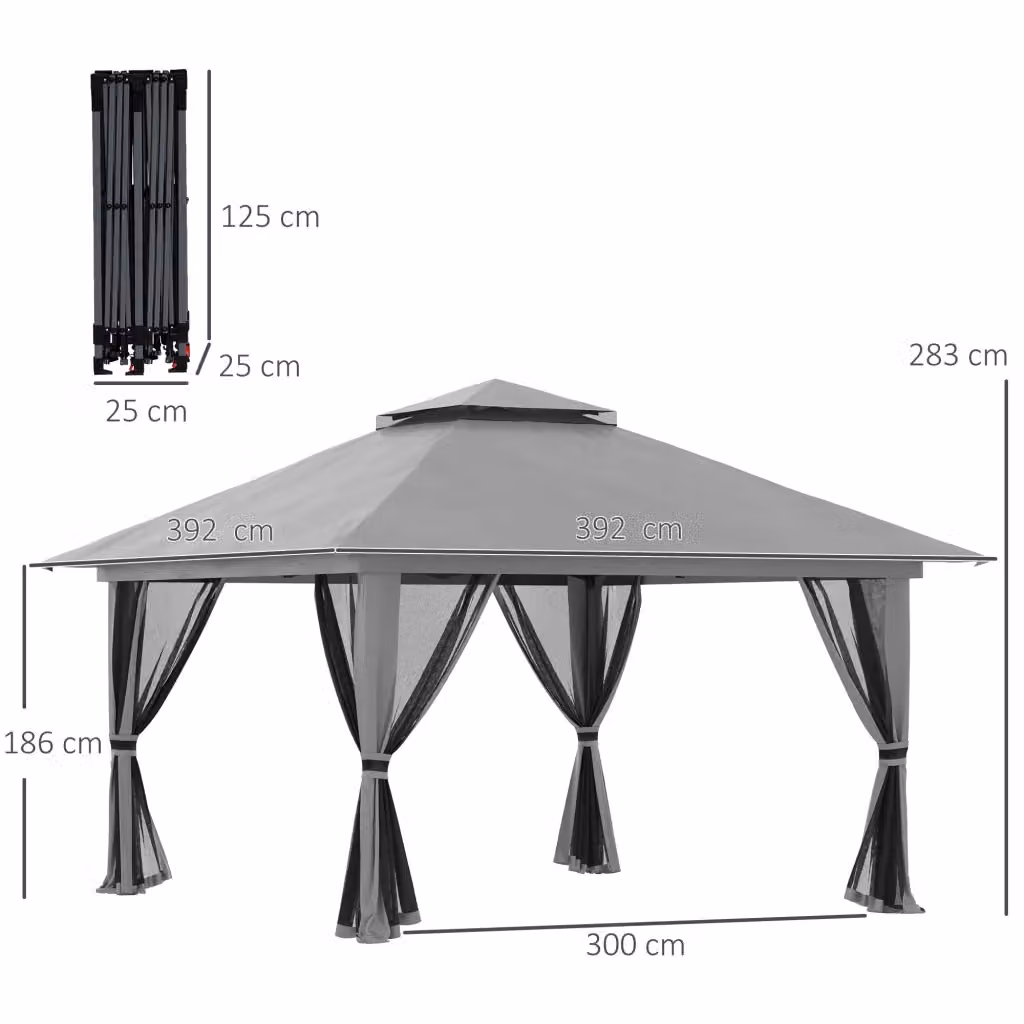 Pavillon pieghevole WISHDOR grigio con tetto impermeabile UV50+ e pareti laterali L: 392 cm, P: 283 cm, H: 392 cm – 2