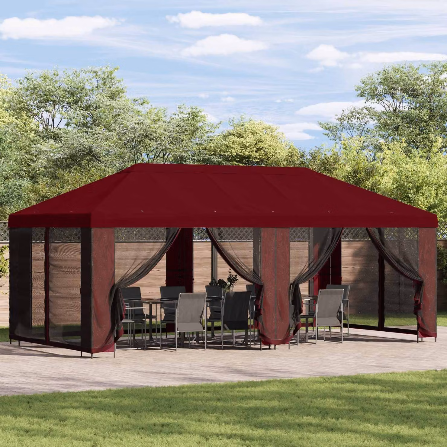 vidaXL Gazebo da giardino con pareti laterali in acciaio e poliestere, L: 600 cm, P: 300 cm, H: 276,5 cm, Rosso e Nero