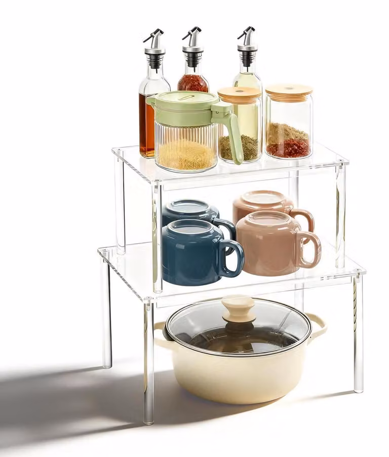 Organizzatori per armadietti da cucina, 2 pezzi, impilabili, in acrilico trasparente, dimensioni: 26,4 x 16,2 x 13,7 cm / 42,4 x 19,5 x 16 cm