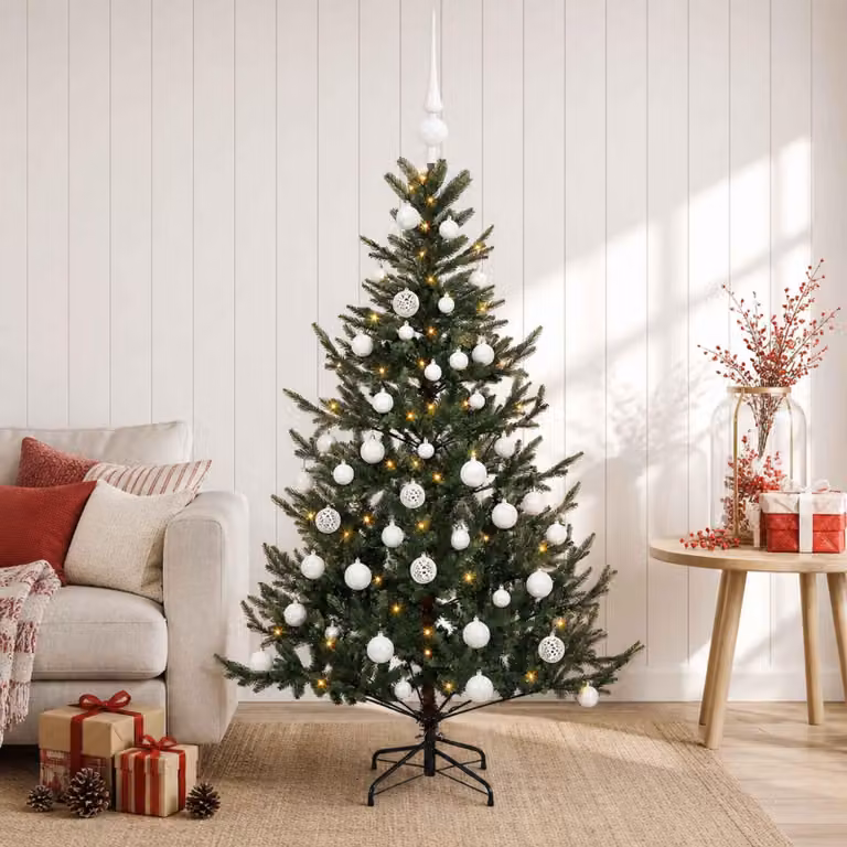 Albero di Natale artificiale con decorazioni natalizie, altezza 150 cm, 150 luci LED