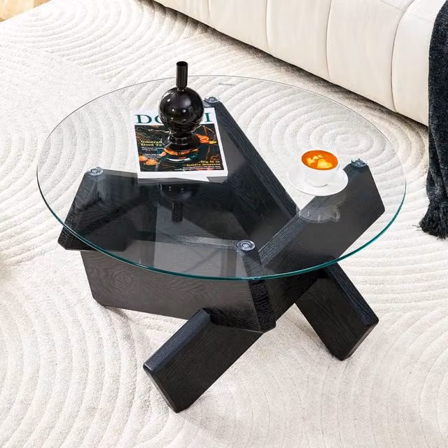 Tavolino basso rotondo OKWISH in MDF e vetro temperato con base a croce, design moderno per soggiorno, nero e trasparente, H: 79 cm, L/P: 45 cm