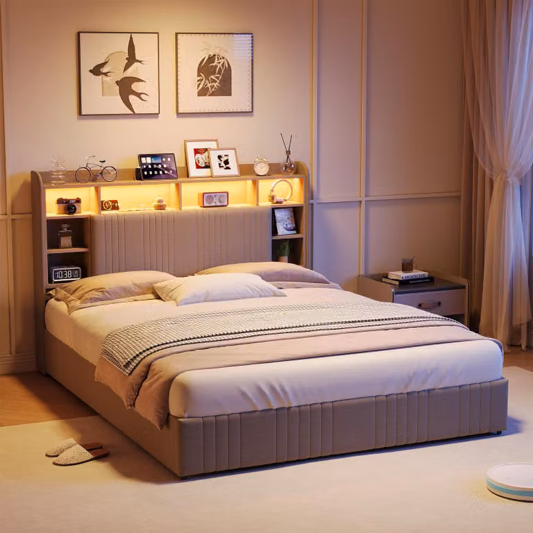 UnboxG Letto imbottito 140x200 cm beige con 4 cassetti, letto con contenitore, testiera con mensola, illuminazione a LED e funzione di ricarica USB, letto matrimoniale con struttura in tessuto di lino