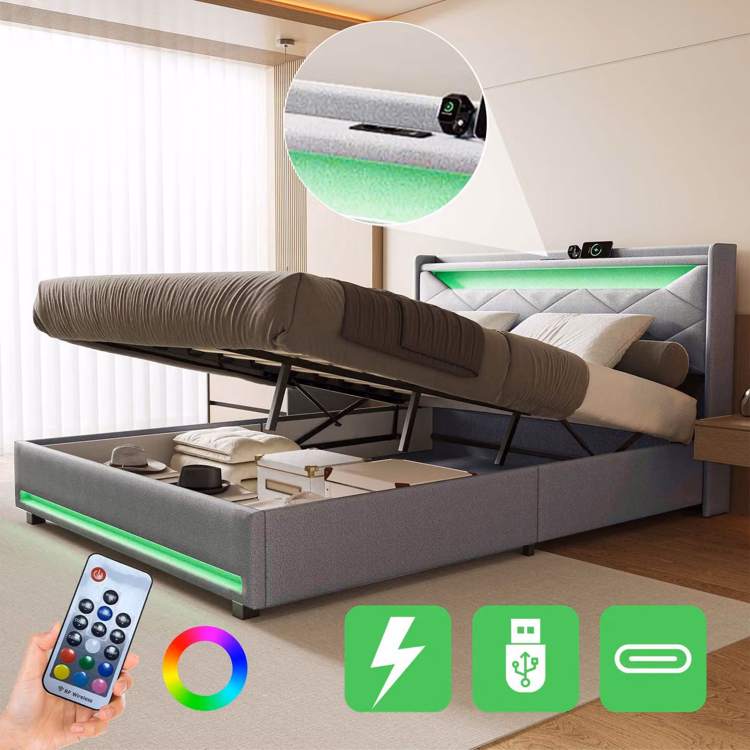 Letto imbottito UnboxG 160x200 cm con contenitore e rete a doghe, sistema di sollevamento idraulico, luci LED nella testiera e nel contenitore, stazione di ricarica USB, letto matrimoniale in lino, colore grigio