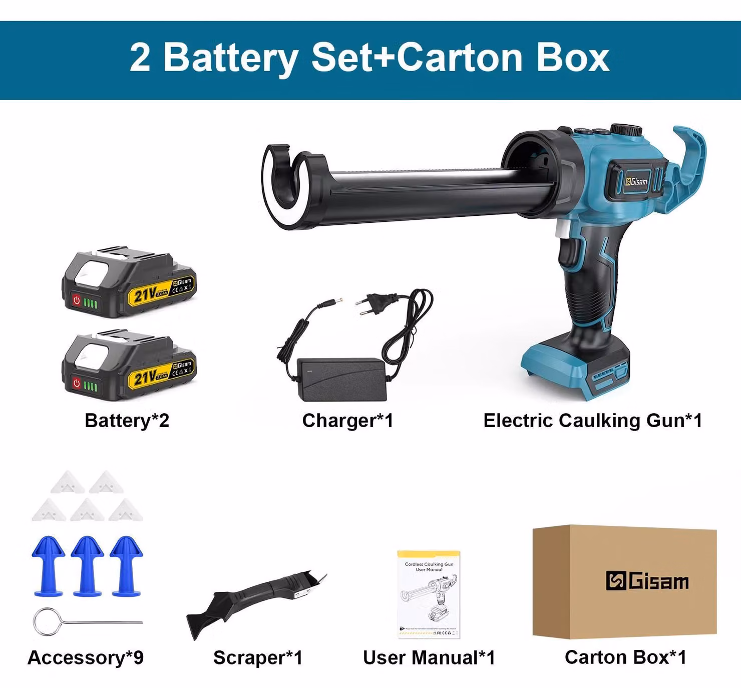 Pistola applicatrice di silicone elettrica – Pistola per sigillanti a batteria – Potenza di spinta: 400 kg – 18V, ricaricabile – Senza fili – Con 2 batterie