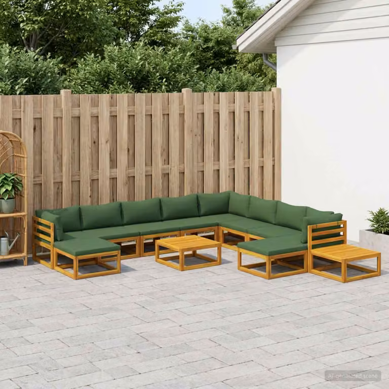 Set di divani da giardino vidaXL a forma di U in legno di acacia massello con cuscini e tavolino, colore marrone e verde