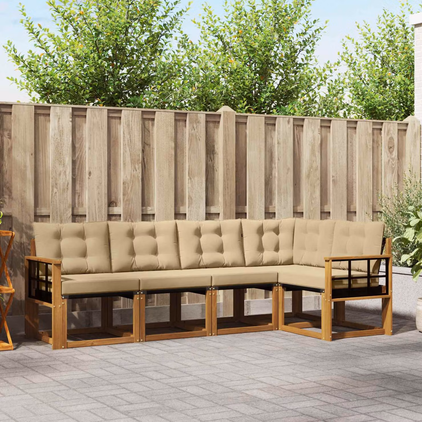 Set di divani da esterno vidaXL a forma di L in legno di acacia con cuscini beige e marrone