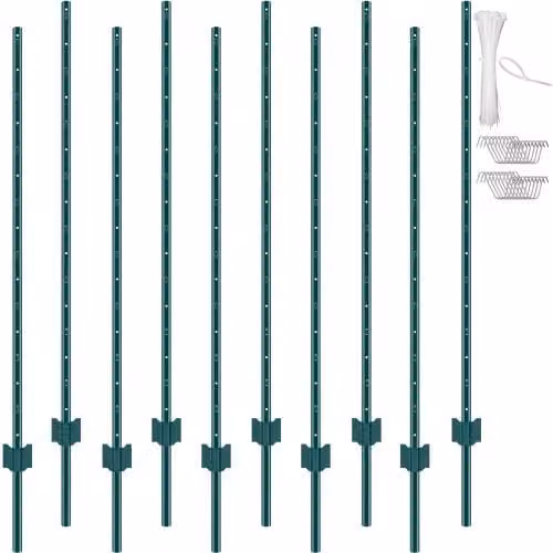 Set di 10 pali per recinzione Vevor in acciaio resistente a forma di T, colore verde, Altezza: 152,4 cm
