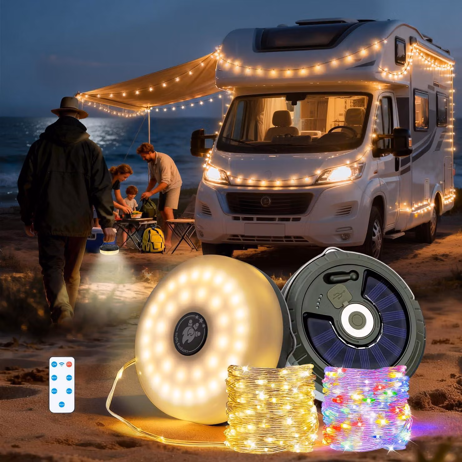 Catena luminosa solare, 10 metri, 5 modalità, alimentazione USB/solare, grado di protezione IP44, ideale per il campeggio, luce bianco caldo