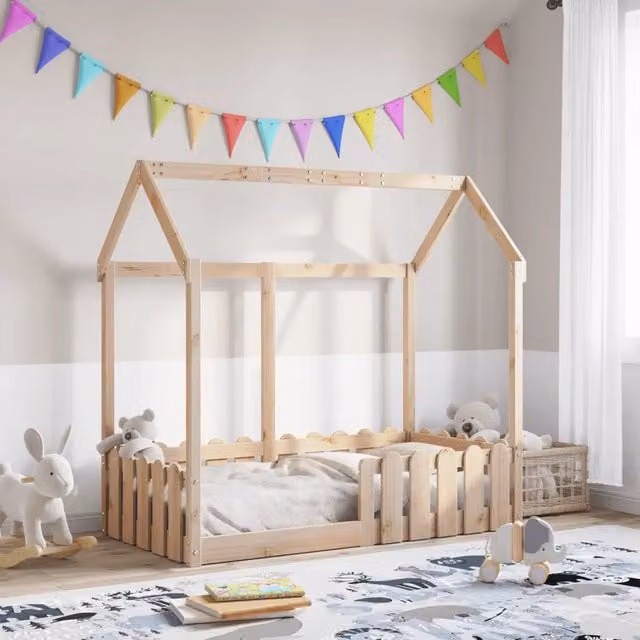 Giroletto a casetta per bambini vidaXL in legno massello di pino naturale, stile rustico, L/P/H: 140 x 70 x 76 cm