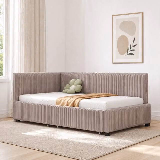 Letto da giorno imbottito 90x200 cm grigio con 2 cassetti e rete a doghe