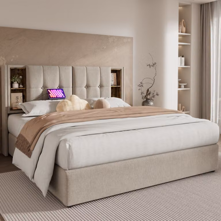 Letto imbottito STILVORA 180x200cm con connessione di ricarica USB e illuminazione LED, letto matrimoniale con contenitore per la rete, finitura naturale (con materasso)