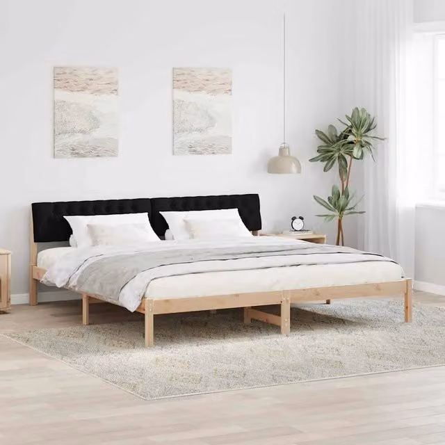 Struttura del letto moderna vidaXL in legno di pino con testiera in tessuto, marrone e nero, L/P/H: 200 x 200 x 78,5 cm – 1