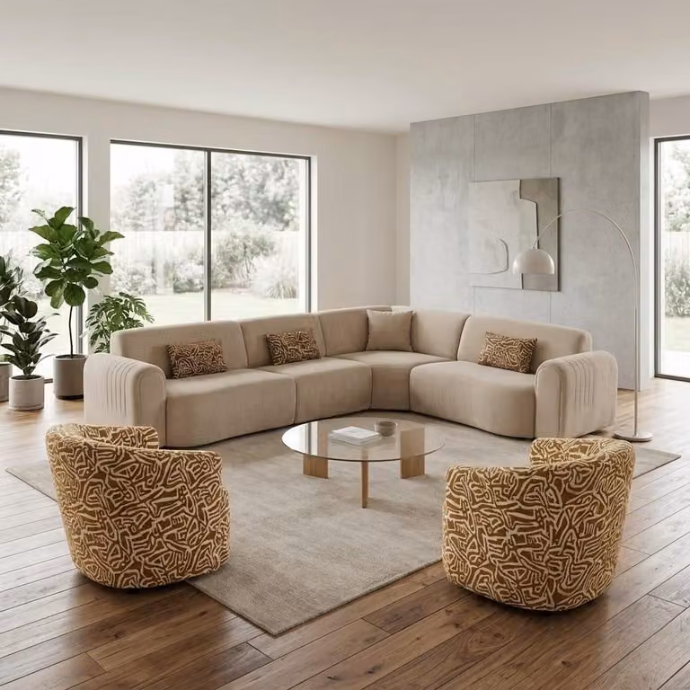 Divano angolare a 2 posti, poltrone, soggiorno, stile moderno, colore beige, nuovo, comodo, pratico
