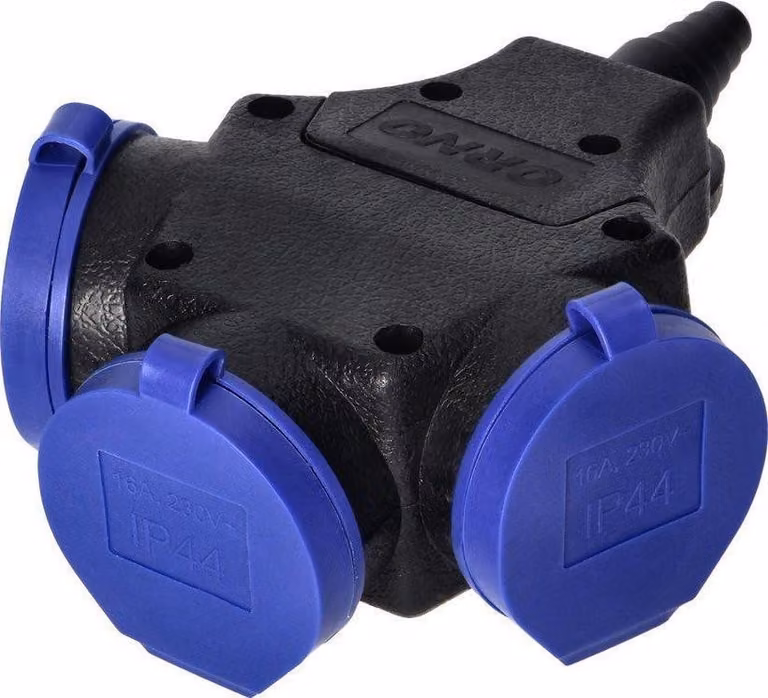 Resistente agli spruzzi e agli urti, IP44, 3x2P+Z schuko, 16A, 230V AC