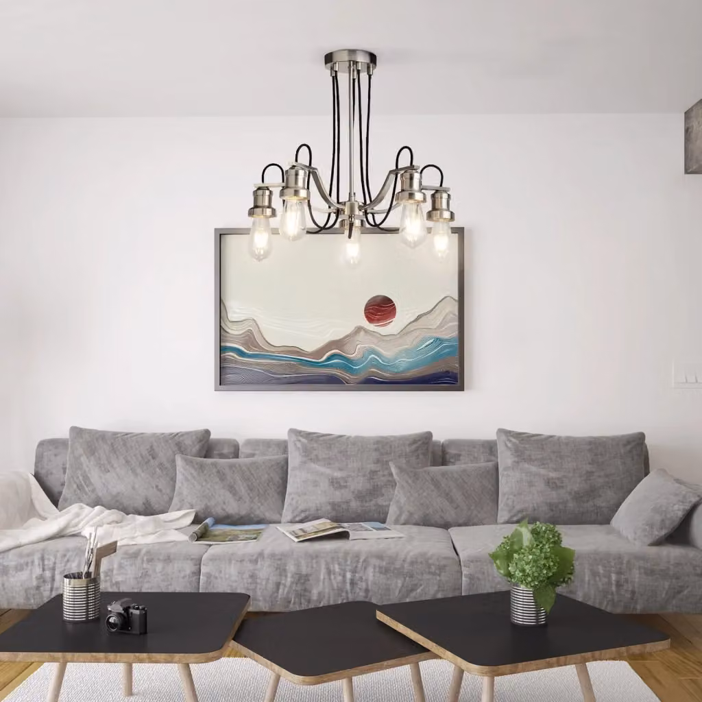 Lampadario a sospensione SEARCHLIGHT in metallo e vetro trasparente, stile industriale, colore argento e nero, con altezza regolabile e 5 luci E27 – 2