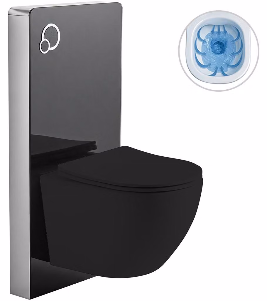 CERANO - Set completo per WC con cassetta di scarico - nero opaco + WC sospeso Verde, Rimless + sedile Slim/UF - nero opaco - 49x36 cm