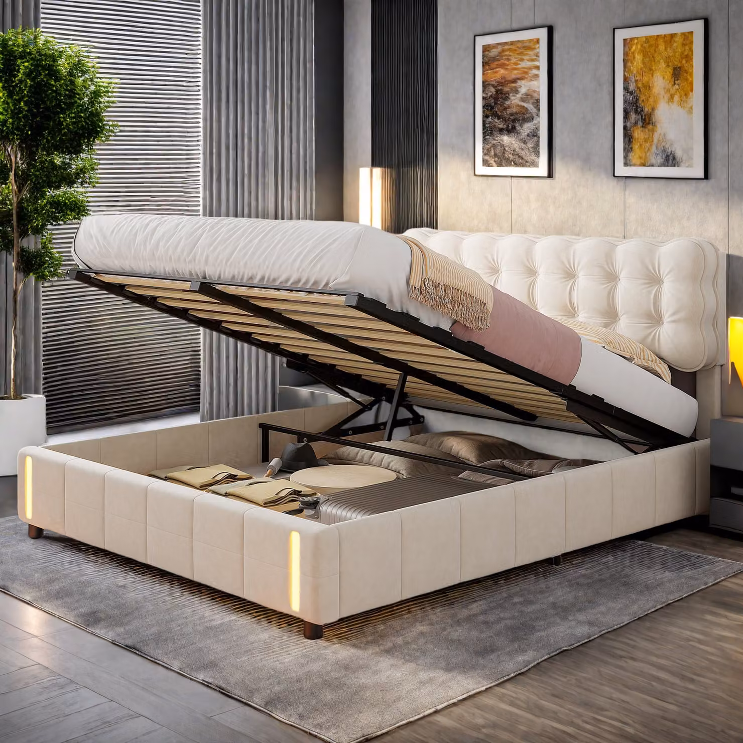 Letto imbottito 160x200cm, letto contenitore letto matrimoniale con rete a doghe e LED, letto a molle idrauliche letto per ragazzi, letto funzionale in velluto, beige