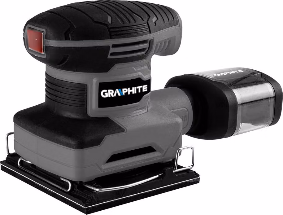 Levigatrice oscillante GRAPHITE 240 W, platorello 110 x 100 mm, oscillazione 13.000 min-¹, ampiezza 0,8 mm, 3 dischi abrasivi intercambiabili, 9 carte abrasive, contenitore della polvere con filtro, 1,22 kg