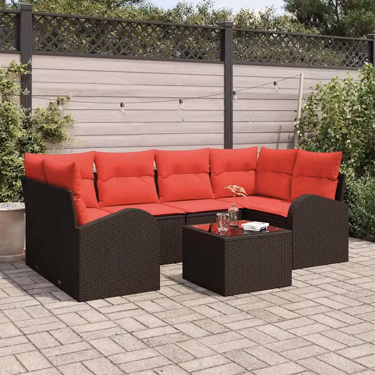 Set Divano da Giardino a L vidaXL in Polyrattan Marrone con Cuscini e Tavolino, Struttura in Acciaio e Vetro