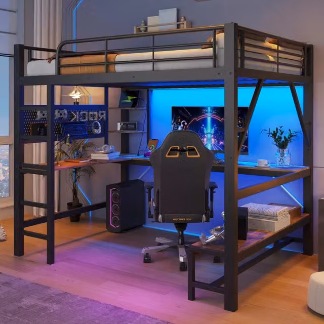Letto a soppalco 160 x 200 cm; scrivania; ripiani; sponde di sicurezza; scala; USB/USB-C; striscia LED; pannello forato; telaio in ferro; nero
