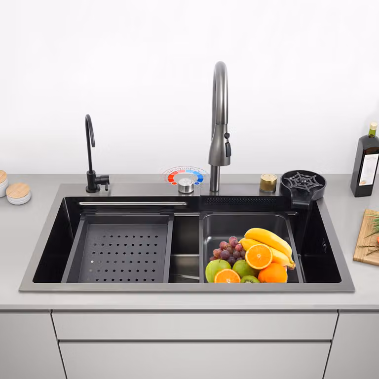 Lavello da cucina a due vasche, acciaio inossidabile, con miscelatore estraibile, dimensioni 75x45 cm