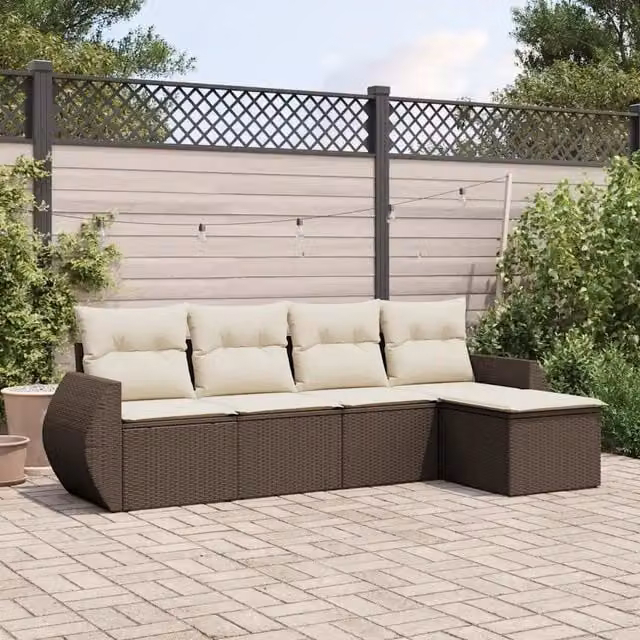 Set Divano da Giardino a L vidaXL 5 pz in Polyrattan Marrone con Cuscini e Ottoman