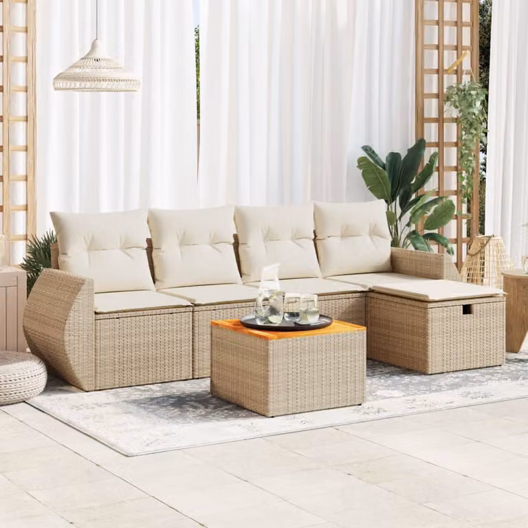 Set Divano da Giardino a L vidaXL in Polyrattan 6 Pezzi con Cuscini Beige e Tavolino
