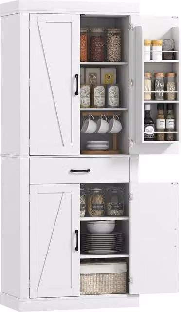 Dispensa Cucina in stile Country con 2 Armadietti, 6 Ripiani e Cassetto, in Legno, 76x39.5x183.5 cm, Bianco