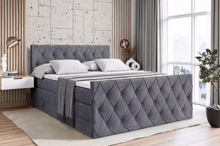Letto boxspring ALTDECOR con materasso e rete a doghe - AMAY KING - 140x200 cm - Velluto grigio scuro - Coprimaterasso, pediera, letto imbottito con contenitore, letto con vano portaoggetti H3 e H4 - Materasso, letto matrimoniale, letto boxspring