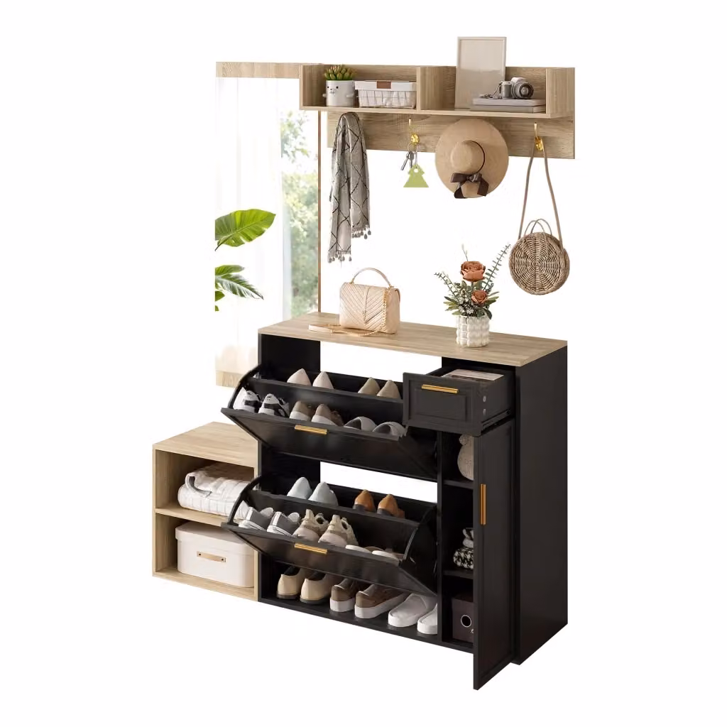 Mobile ingresso moderno con scarpiera, panca, appendiabiti e specchio, colore nero, L 130 x P 30 x H 174 cm – 2