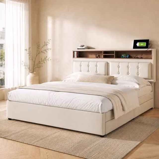 Letto matrimoniale imbottito 140 × 200 cm con quattro cassetti presa USB e Type-C rete a doghe in legno beige