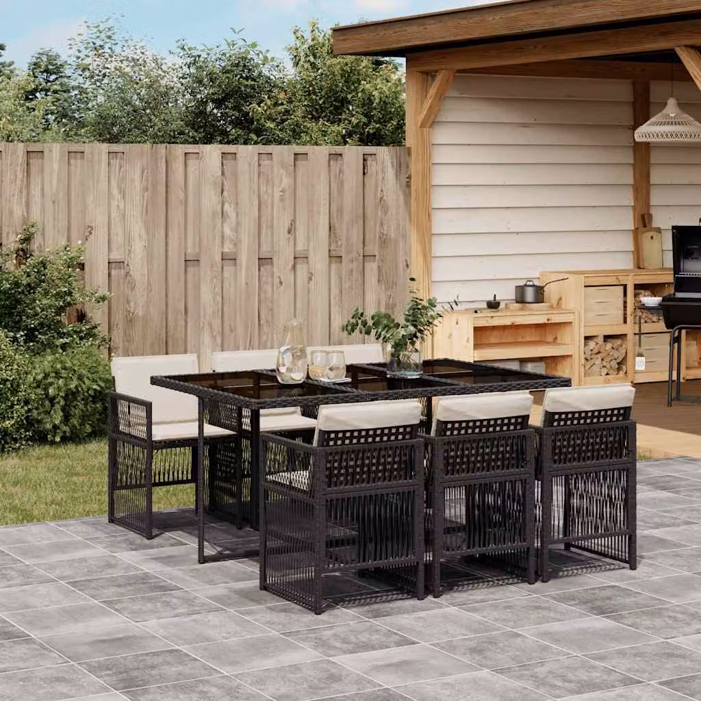 Set da Pranzo da Giardino vidaXL 7 pz in Polyrattan Nero con Piano in Vetro e Cuscini – 1