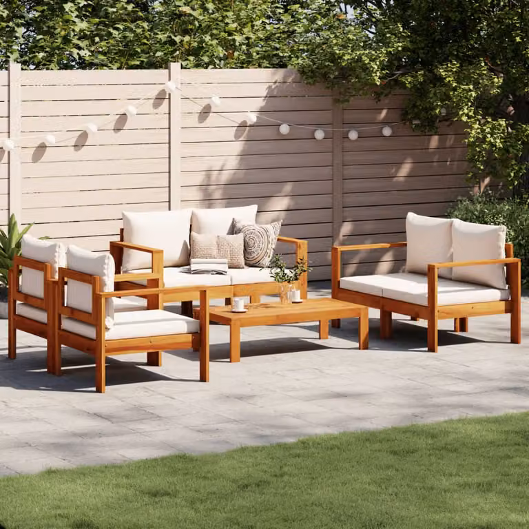 vidaXL Set Divano da Giardino 5 pz in Legno di Acacia con Cuscini Beige e Bianchi