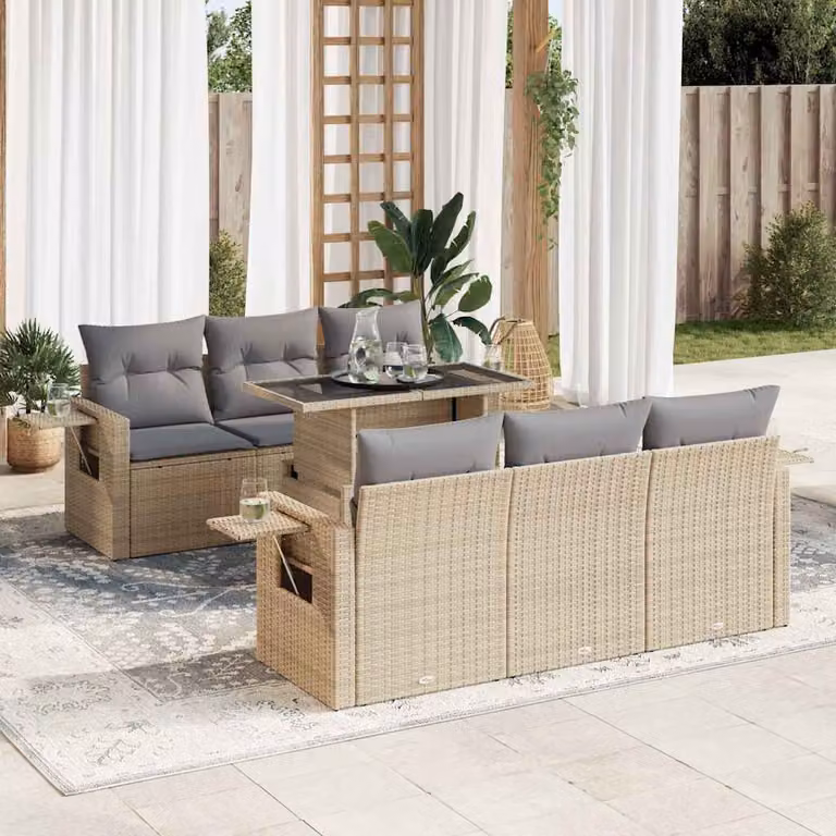 Set da giardino vidaXL composto da 7 pezzi con poltrone lounge, tavolino da caffè e cuscini beige in polyrattan e struttura in metallo