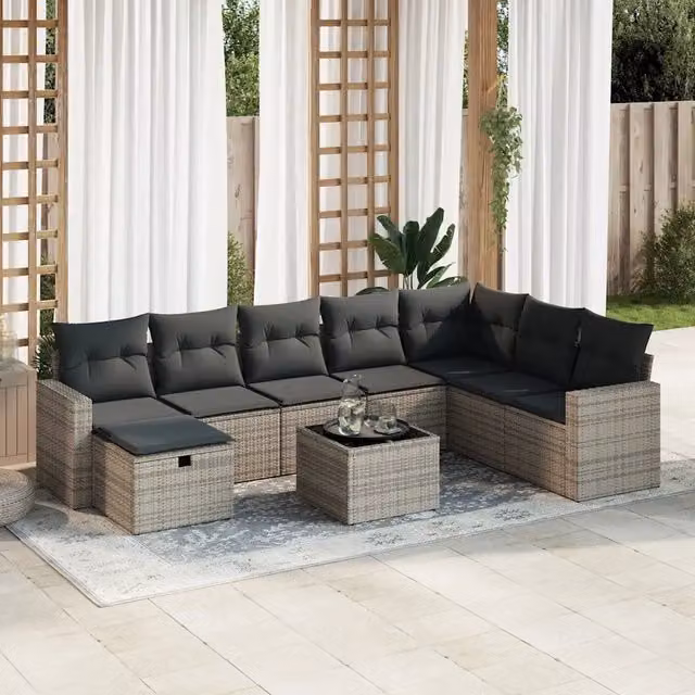 Set Divano da Giardino 9 pz con Cuscini Grigio in Polyrattan 3325446