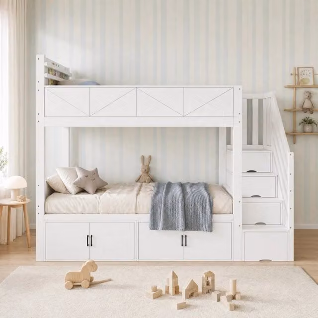 Letto a castello 90x200 cm bianco con scala contenitore e vani chiusi HAVRYA