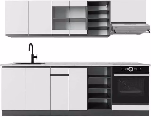 Cucina componibile Vicco R-Line J-Shape Bianco e Antracite con piano in marmo, L: 240 cm – 1