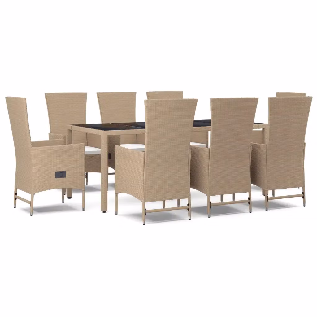Set da pranzo da giardino vidaXL in legno di acacia oliato con piano in vetro e cuscini beige e bianchi, 9 pezzi – 2
