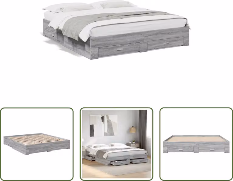 The Living Store Struttura letto con cassetti grigio Sonoma 200x200cm materiale legno