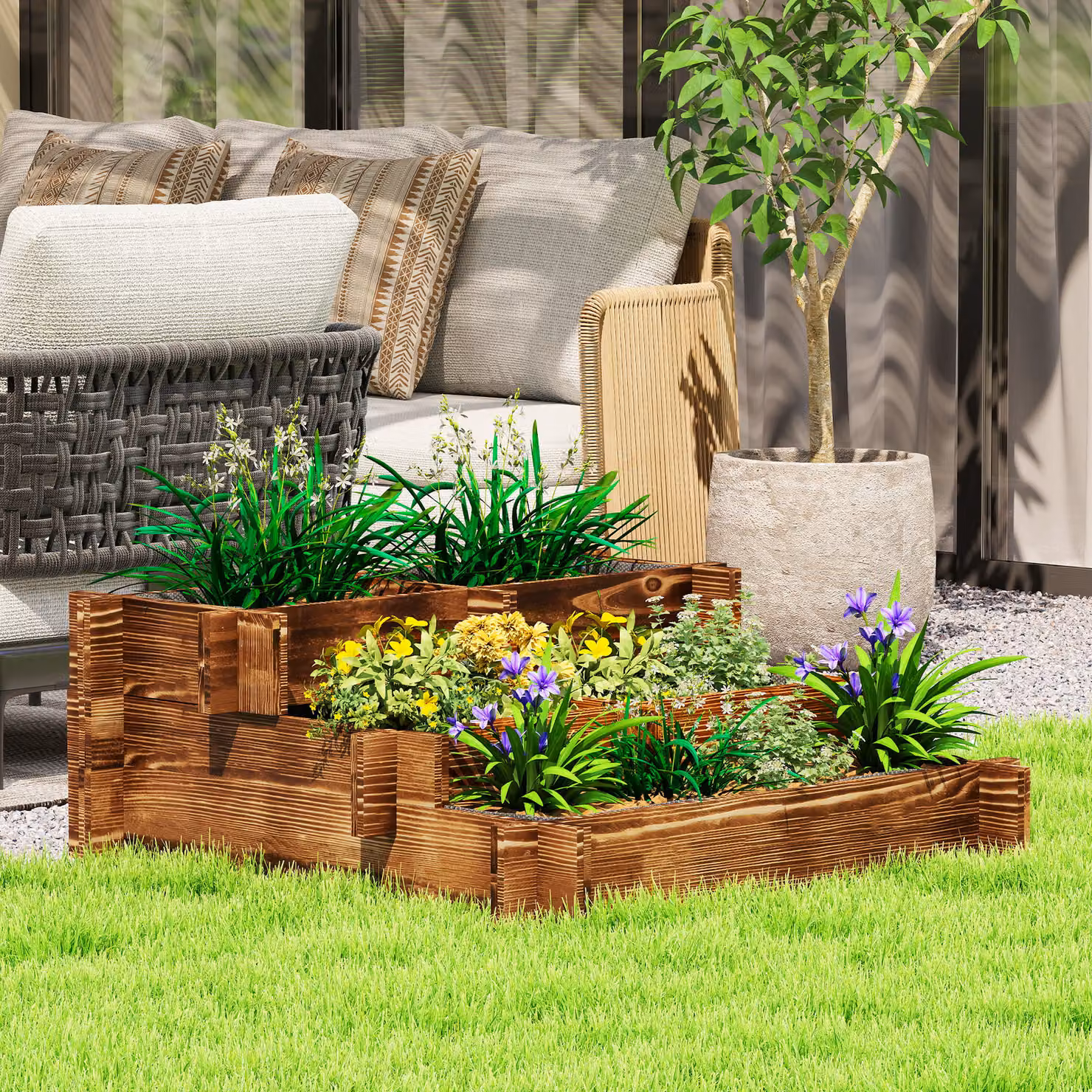 Aiuola da giardino a 3 livelli Outsunny in legno color marrone con tessuto non tessuto per fiori e ortaggi L: 93 cm, P: 93 cm, H: 35 cm – 2