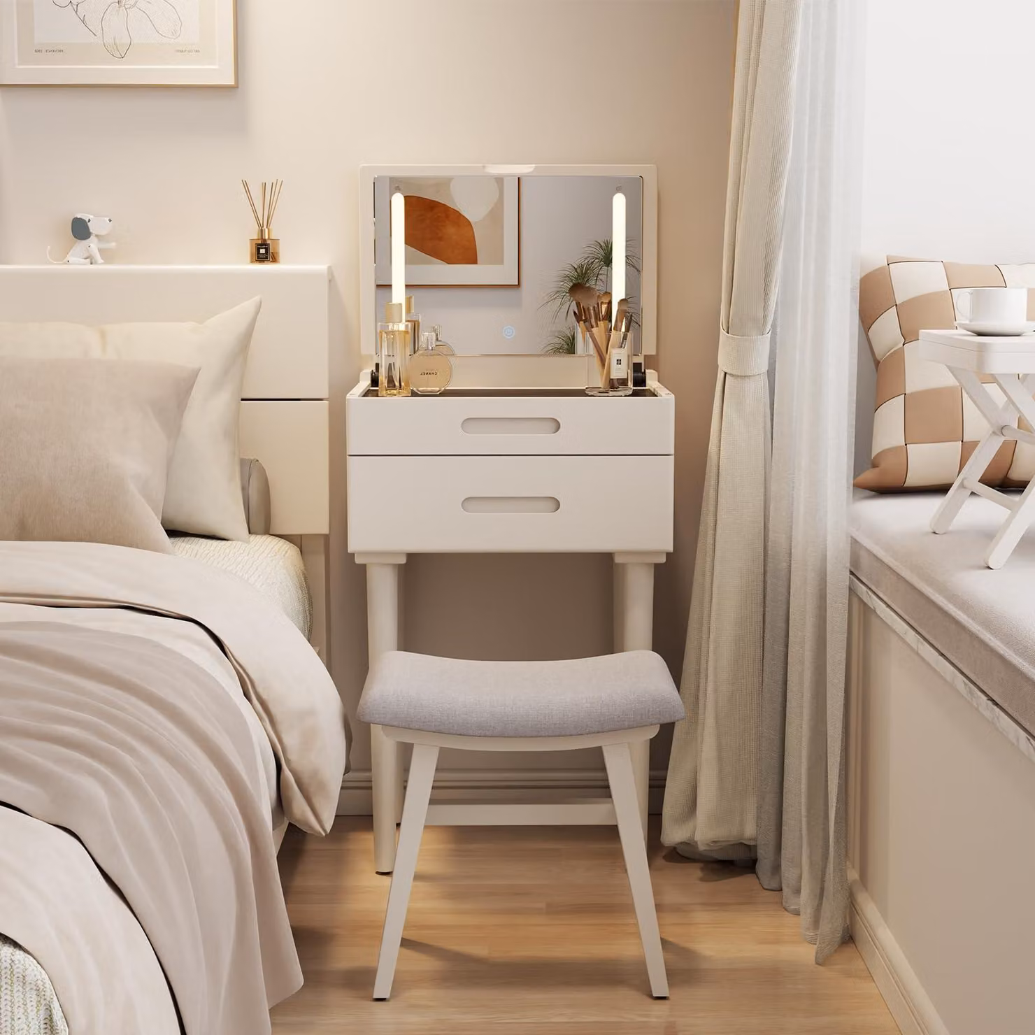 Comò da trucco in legno massello, con illuminazione a LED, 2 cassetti, colore bianco