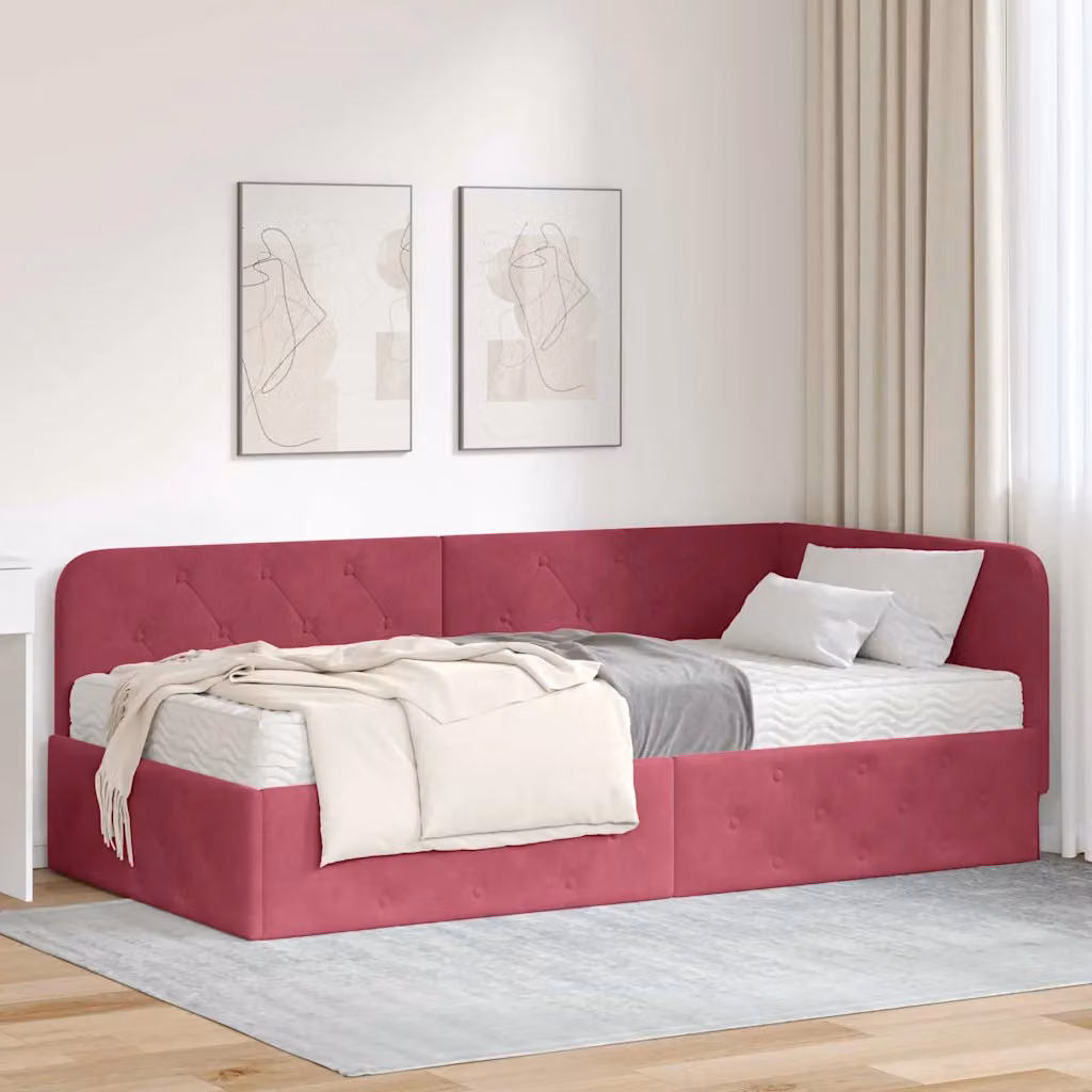 Cornice del letto ad angolo asimmetrica vidaXL in velluto rosso, L/P/H: 204 x 100 x 72 cm – 1