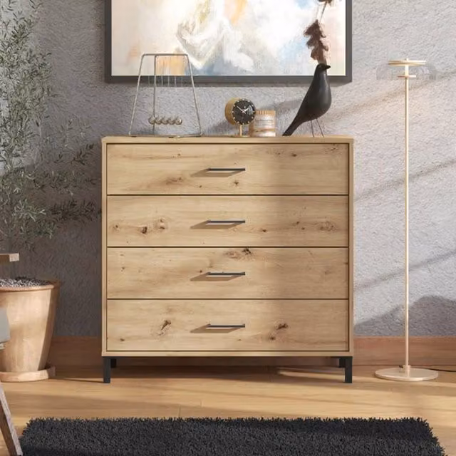 Cassettiera Vidor DMORA con 4 cassetti in legno color marrone rovere nodi L: 93 cm, P: 40 cm, H: 90 cm