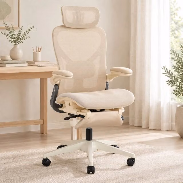 Sedia da Ufficio in Rete con Poggiatesta 3D e Supporto Lombare; Color Crema; per Studio e Lavoro